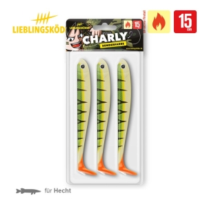 Eine Packung mit drei Charly 15cm gelb-grünen Angelködern mit orangefarbenen Schwänzen von Lieblingsköder, beschriftet mit "Sonderfarbe", speziell für das Hechtangeln entwickelt.