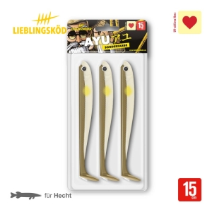 Eine Packung mit drei Ayu 15cm Weichplastikködern in Gold und Weiß mit gelbem Fleck, von LIEBLINGSKÖDER, mit der Aufschrift "AYU SONDERFARBE" und empfohlen zum Hechtangeln.