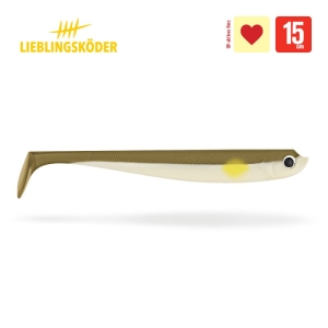 Der Ayu 15cm ist ein Angelköder aus Weichplastik mit braunem Rücken, weißem Bauch, gelbem Fleck, schwarz-weißem Auge, "LIEBLINGSKÖDER"-Schriftzug, Herzsymbol und Symbolen, die seine Länge von 15 cm anzeigen.