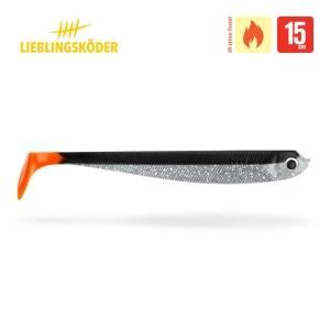Der Black Shadow 15cm ist ein Weichplastikköder mit einem Muster aus Silber, Schwarz und Orange. Mit der Aufschrift "LIEBLINGSKÖDER" und einem roten Flammensymbol versehen, ist er bei Anglern sehr beliebt.