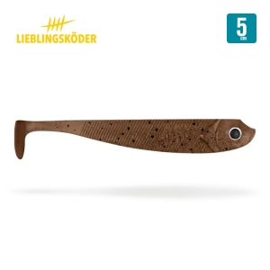 Das Bild zeigt den Bobby 5cm, einen braunen Weichplastikköder mit Paddelschwanz, strukturiertem Körper und einem einzigen realistischen Auge. Das Lieblingsköder-Logo und ein Etikett mit dem Hinweis auf die 5 cm Länge des Köders sind ebenfalls zu sehen.