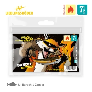 Der Bandit 7,5cm Angelköder von Lieblingsköder zeigt einen Cartoon-Fuchs mit einem fischförmigen Köder auf der Verpackung und ist für Barsch und Zander geeignet.