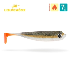 Der Bandit 7,5cm ist ein Weichplastikköder mit einem gräulichen Körper, einem dunklen Streifen, einem orangefarbenen Schwanz und einem großen schwarz-weißen Auge. Er hat "Lieblingsköder", "Wetter: Früh", "7,5cm" und ein Flammensymbol für den Einsatz bei warmem Wetter auf seinen Logos und Texten.