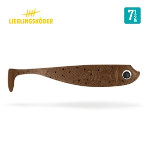Der Bobby 7,5cm ist ein brauner Angelköder aus Weichplastik in Form eines Fisches mit Paddelschwanz und einem einzelnen großen Auge, beschriftet mit Lieblingsköder. Länge: 7,5 cm.