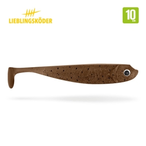 Der Bobby 10cm ist ein brauner Weichplastikköder in Form eines kleinen Fisches mit Paddelschwanz, großem Auge und dem Lieblingsköder-Logo mit der Aufschrift "10 cm" in den oberen Ecken.