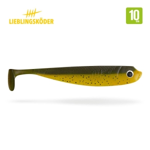 Der Diesel 10cm von Lieblingsköder ist ein gelber und dunkelgrüner Weichplastik-Angelköder mit Paddelschwanz und schwarzen Punkten auf weißem Grund mit der Aufschrift "10 cm" in der oberen rechten Ecke.