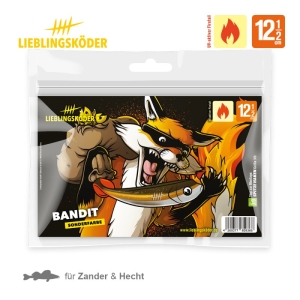 Eine Packung LIEBLINGSKÖDER Bandit 12,5cm Angelköder mit einem Cartoon-Fuchs, der in einen Köder beißt, fettem "Bandit 12"-Text und Symbolen für Größe (12,5cm) und Farbe (Feuer). Auch in der Größe 5cm erhältlich.
