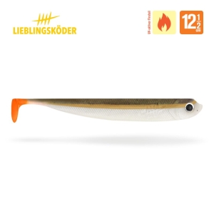 Der Bandit 12,5cm ist ein Weichplastik-Angelköder mit überwiegend weißem Körper, dunklem Rücken und leuchtend orangefarbenem Paddelschwanz. Produktlogos und Maßangaben werden in den oberen Ecken angezeigt.