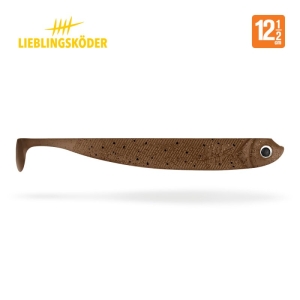 Der Bobby 12,5cm ist ein brauner Weichplastikköder mit Paddelschwanz, gesprenkelter Textur und Einzelauge. Der Schriftzug "Lieblingsköder" und die Größe von 12,5 cm sind in den oberen Ecken zu sehen.