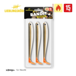 Eine Blisterpackung mit drei 15 cm "Bandit 15cm" Weichködern von Lieblingsköder in gold-orange, beschriftet mit Sonderfarbe. Die Verpackung zeigt ein Feuersymbol und ein Hechtfischsymbol.