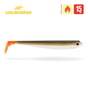 Der Bandit 15cm von Lieblingsköder ist ein Weichplastik-Angelköder mit orangefarbenem Schwanz und naturgetreuem Fischdesign - dunkle Oberseite, weißer Bauch. Das Bild zeigt das Lieblingsköder-Logo und ein Feuer-Symbol.