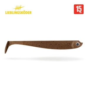 Die Abbildung zeigt den LIEBLINGSKÖDER Bobby 15cm, einen braunen Paddelschwanz-Angelköder aus Weichplastik mit einem strukturierten fischförmigen Körper und einem einzelnen Auge, sowie einem roten 15 cm Etikett.