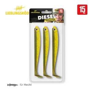 Eine Packung mit drei 15 cm langen gelben und grünen Weichplastik-Angelködern "Diesel 15 cm" von Lieblingsköder, die für Hechte bestimmt sind. Die Verpackung zeigt einen Cartoon-Fischer und ist mit SONDERFARBE beschriftet.