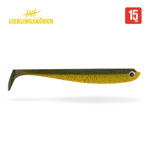 Der Diesel 15cm von Lieblingsköder ist ein Angelköder aus Weichplastik mit olivgrünem Rücken, gelbem Bauch und einem schwarzen Augenfleck. Das rote Symbol in der oberen rechten Ecke zeigt seine Länge an: 15 cm.