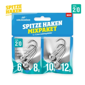Spitze Haken 2/0 Mixpaket: Angelhaken-Set mit verschiedenen Gewichten (6g, 8g, 10g, 12g) für Lieblingsköder.