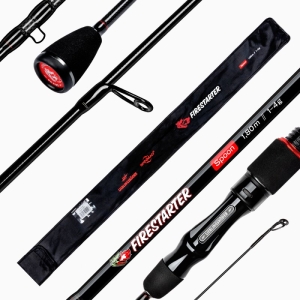 Nahaufnahme der Firestarter Spoon 1,80m, 1-4g ultraleichte Angelrute mit schwarzem Design, roten Akzenten, Schaumstoffgriff und Hülle mit den wichtigsten Details.