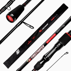 Nahaufnahme der Firestarter Egli + Forelle Angelrute (2,1m, 1-10g) in Schwarz und Rot mit passender Tragetasche, beide mit Markenlogos und Produktdetails versehen.