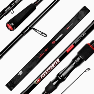 Nahaufnahme der Firestarter Allround-Angelrute (2,45 m, 5-40 g) mit auffälligem "FIRESTARTER"-Schriftzug, der den Griff, den Rollenhalter, die Führung, die Spitze und die schwarze Tragetasche mit den Produktdaten zeigt.