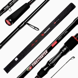 Die Firestarter Finesse-Angelrute, 2,60 m und 3-30 g, zeichnet sich durch auffällige schwarze und rote Akzente und eine schwarze Stoffhülle mit Markenzeichen aus, die in mehreren Nahaufnahmen zu sehen ist.