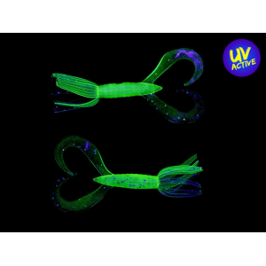 Little Spider 3″ Chartreuse Shad: UV-aktiver grüner Angelköder mit gewellten Schwänzen.