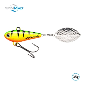 Der Originals Firetiger 35 g Köder hat auffällige schwarze Streifen, ein silbernes Spinnerblatt und einen Drillingshaken. Der Körper geht von gelb zu grün über und hat einen orangefarbenen Bauch. Das Spinmad-Logo ist in der oberen linken Ecke sichtbar.