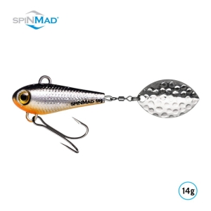 Der Originals Captain 14g ist ein silber-schwarzer Angelköder mit gelben Akzenten, der mit einem metallisch strukturierten Spinnerblatt und einem Drillingshaken ausgestattet ist. Mit einem Gewicht von 14 Gramm ist er für eine effektive Spinnfischerei konzipiert.