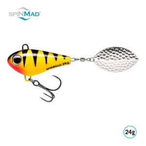 SPINMAD Jigmaster Lemon Tiger 24g Angelköder mit gelb-schwarzem Muster und Spinnerblatt.