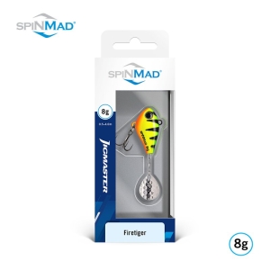 Der Jigmaster Firetiger 8g ist ein verpackter Angelköder mit einem leuchtend gelben und grünen Körper, schwarzen Streifen, einem silbernen Spinnerblatt und einer Gewichtsangabe von 8g.