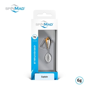 Der SpinMad Originals Captain 6g-Angelköder in Silber und Orange wird in einer weiß-blauen Schachtel geliefert, auf der das Gewicht von 6 Gramm deutlich angegeben ist.