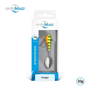Der Originals Firetiger 10g-Angelköder kommt in einer blau-weißen "Originals"-Verpackung mit grünen und gelben Farben mit schwarzen Streifen, einem silbernen Blatt und einem Gewicht von 10 g.