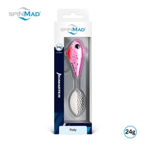 Spinmad Jigmaster Pinky 24g: Angelköder mit pinkfarbenem Kopf und silbernem Spinnerblatt.