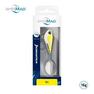 Ein verpackter Jigmaster Ayu 16g Angelköder in Gelb und Silber wird in einer durchsichtigen Plastikverpackung präsentiert, auf der das Branding und die Produktdetails sichtbar sind.