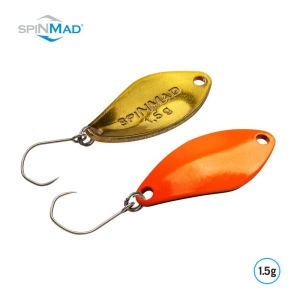 Spoon Möhrchen 1,5g: Goldener und orangefarbener Angelköder mit Einzelhaken.