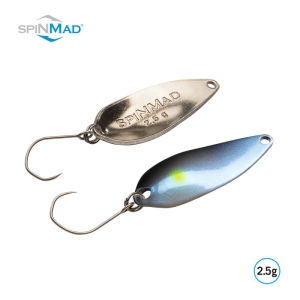 Spinmad Spoon Magic 2,5g: Zwei Angelköder, einer silber, einer blau.