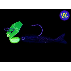ChatterBait Flashback Mini 3,5g – chartreuse/regenbogenfarben: Angelköder mit grünem Blatt und Haken.