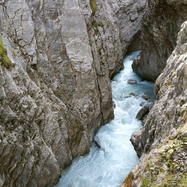 Eine enge, felsige Schlucht mit steilen grauen Klippen, durch die sich ein schnell fließender, hellblauer Fluss schlängelt. Auf den Felsen wachsen spärliche Flecken von Moos und Gras.