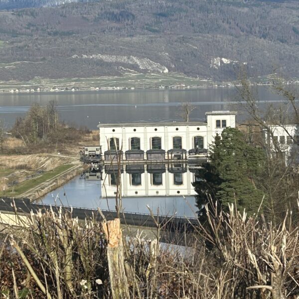 Ein weißes Industriegebäude mit großen Toren liegt an einem ruhigen See, der sich im Wasser spiegelt. Im Hintergrund erheben sich Berge und bewaldete Hügel unter einem teilweise bewölkten Himmel, mit Sträuchern und Baumzweigen im Vordergrund.