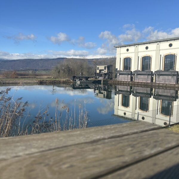 Ein cremefarbenes Gebäude mit gewölbten Fenstern spiegelt sich in einem ruhigen Gewässer unter strahlend blauem Himmel, mit Bergen und Schilf im Hintergrund und einer Holzfläche im Vordergrund.