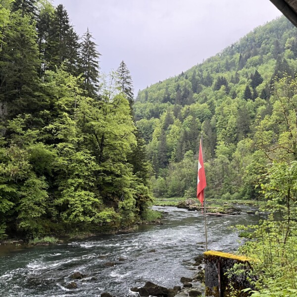 Eine Schweizer Fahne steht an einem schnell fließenden Fluss, umgeben von üppigen, grünen Wäldern und Hängen unter einem bedeckten Himmel, wobei rechts ein Teil eines Betonbaus zu sehen ist.