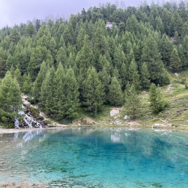 Ein klarer, blauer See - Lac Bleu bei Arolla - spiegelt sich in dichten Kiefern an einem nebligen Berghang, in den ein kleiner Wasserfall fließt. Die ruhige Szenerie ist von üppigem Grün umgeben, was sie zu einem beliebten Ort für Wanderer macht.