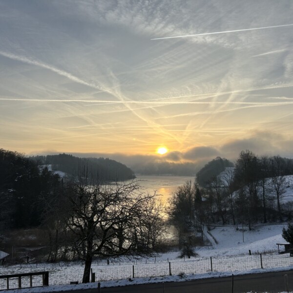Eine Winterlandschaft bei Sonnenaufgang zeigt ein verschneites Feld, kahle Bäume und einen ruhigen See, in dem sich die Sonne spiegelt. Nebel steigt über dem Wasser auf, und der Himmel ist von Wolken und Kondensstreifen durchzogen. Im Vordergrund führt eine Straße entlang.
