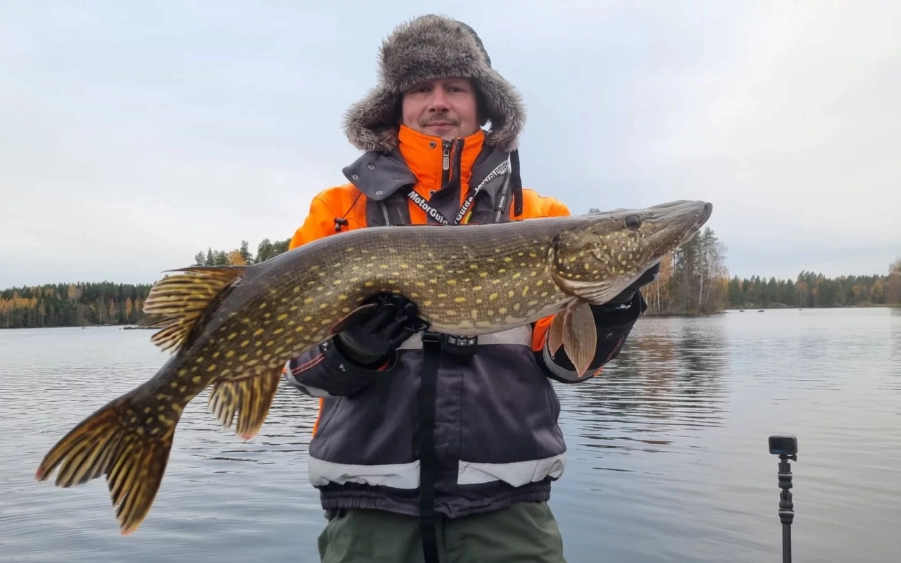 Angler hält stolz einen großen Hecht auf einem See. Ferien & Reisen.