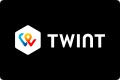 TWINT-Logo mit einem Sechseck mit einem bunten, abstrakten Symbol darin und dem Wort "TWINT" in fetten weißen Buchstaben auf schwarzem Hintergrund.