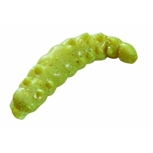 PowerBait Honey Worm gelb/glitzer: Grüner Angelköder in Wurmform.