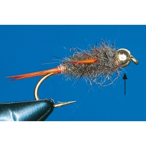 Goldkopfperle #14-18 (2,7mm): Goldkopf Fliegenfischerköder mit orangem Schwanz und grauem Körper.