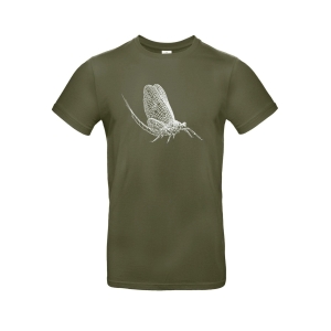 T-Shirt Mayfly olive, Grösse XXL: Olivgrünes T-Shirt mit weißem Maifliegen-Motiv.