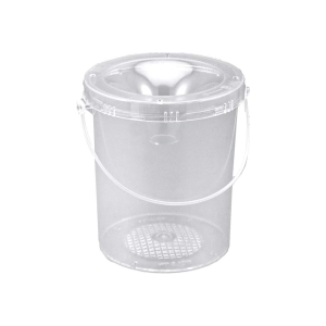 Plastikreuse 2 Liter: Transparenter Eimer mit Deckel, Tragegriff und Trichteröffnung.