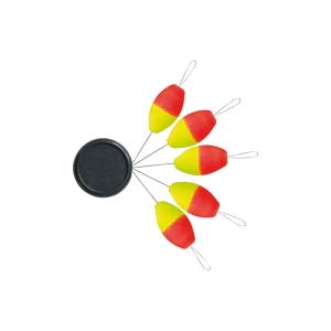 Float Stop oval – Grösse 2: Angelposen-Stopper, oval, rot-gelb.