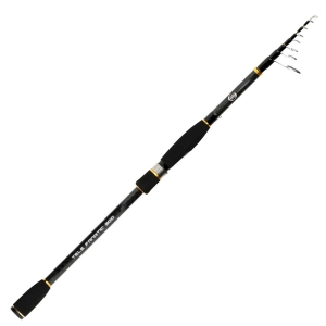 Tele Fanatics Angelrute, 2,10m, 5-30g: Schwarze Teleskoprute mit goldenen Akzenten und schwarzem Griff.