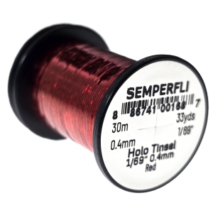 Holographic Tinsel 0,4mm, rot: Spule mit rotem, holographischem Bindematerial für Fliegenfischen.